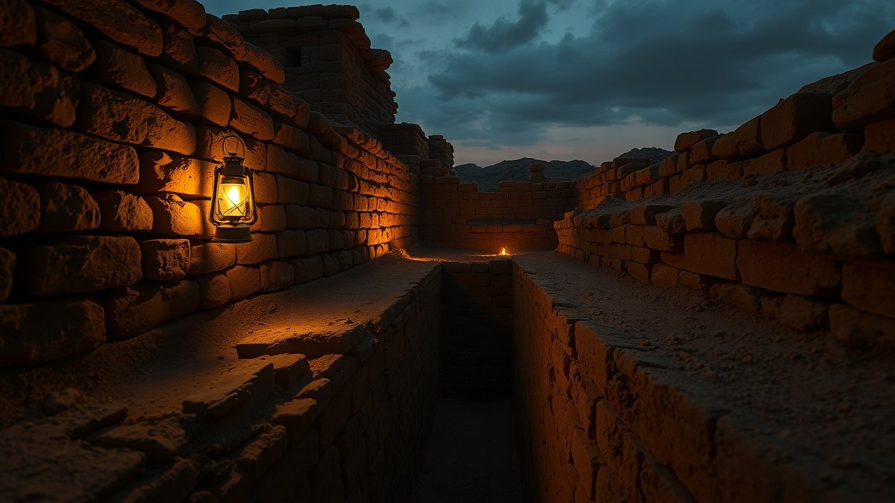 the ruins of ancient Eridu at twilight, a shallow excavation trench cutting through layered mud-brick walls, a single work lantern casting amber light across crumbling fired clay