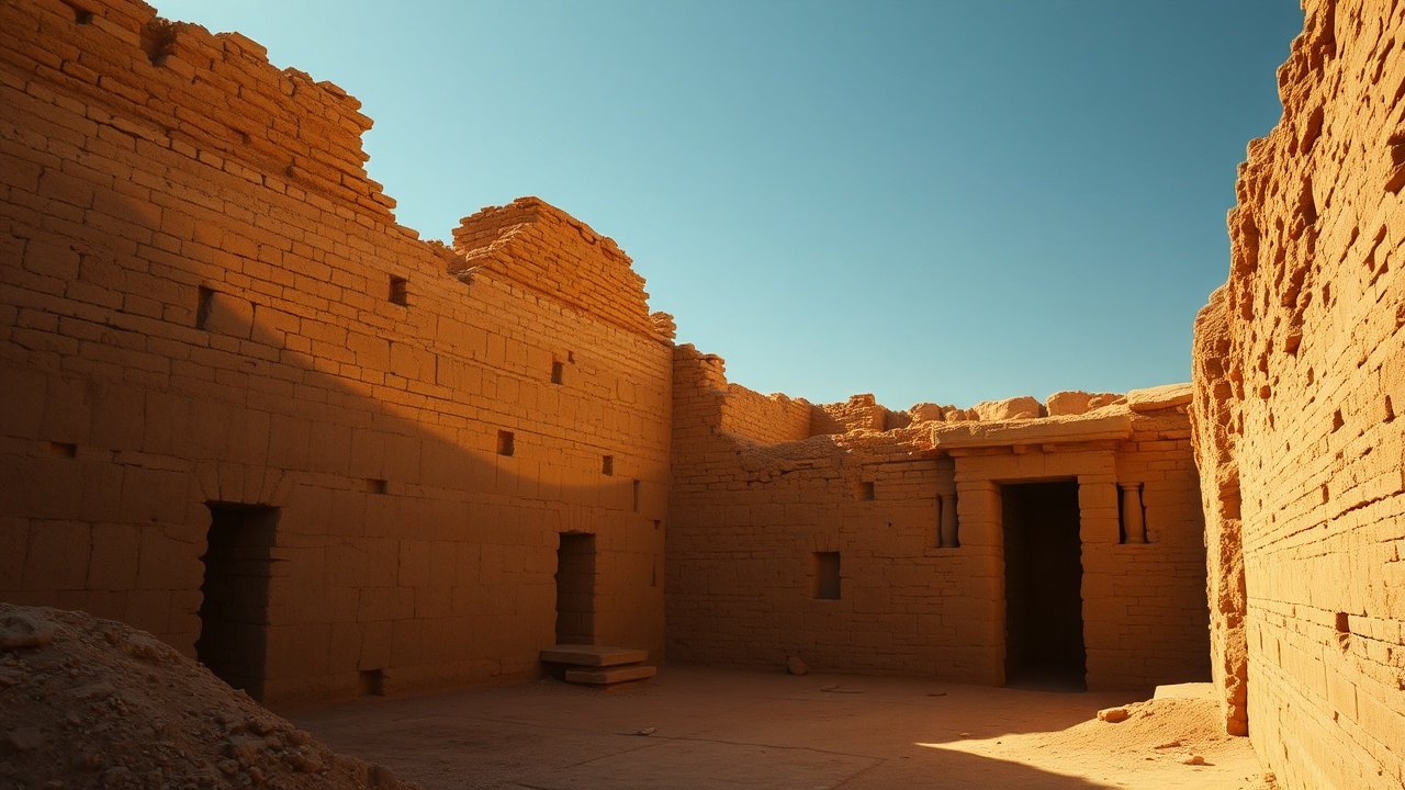 exposed mudbrick foundation of an ancient temple at a desert excavation site in southern Iraq, lit by low raking afternoon sun casting long shadows across crumbling walls