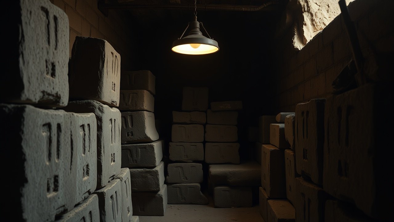 dismantled limestone talatat blocks stacked in a dim excavation storeroom, each face bearing chiseled-out cartouche scars, lit by a single overhead work lamp