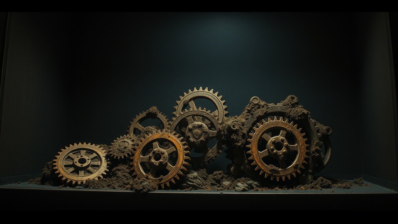 a tangle of corroded bronze gears encrusted in sea sediment, resting on a dark museum shelf under a narrow beam of artificial light