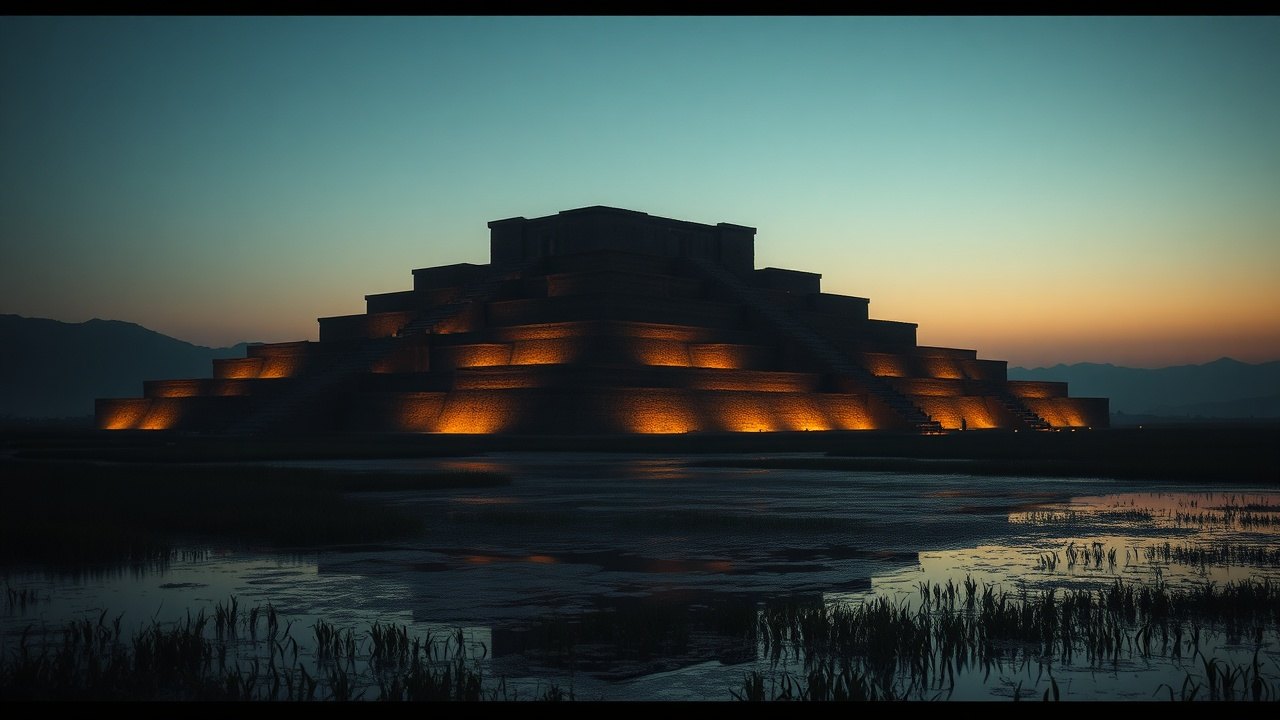 a mudbrick ziggurat stepped platform rising from flat marshland at dusk, still water reflecting the terraces