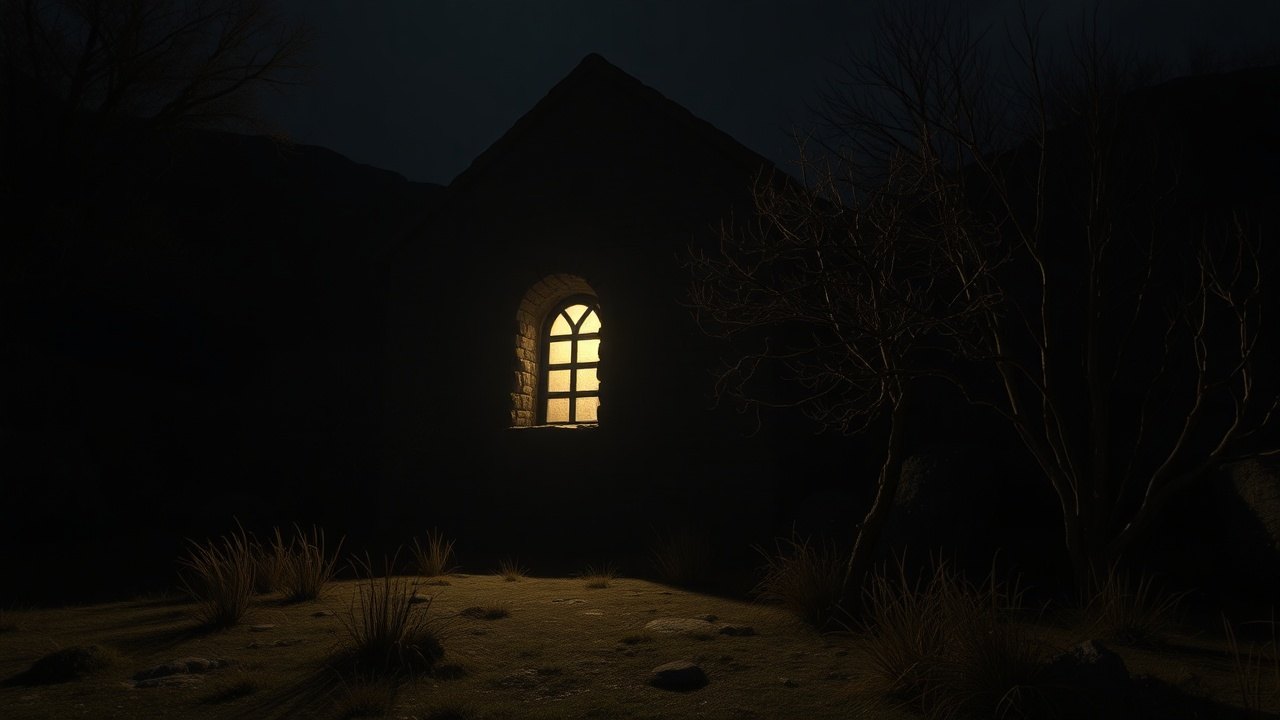 the Chapel of the Tablet exterior at night, a single lit window in a small stone building surrounded by deep shadow and dry highland trees