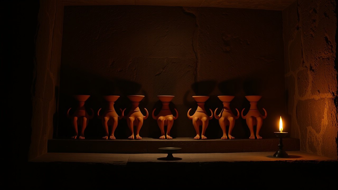 terracotta votive legs and arms arranged on a stone shelf inside a dark Greek sanctuary alcove, lit by a low oil lamp casting long shadows across the fired clay