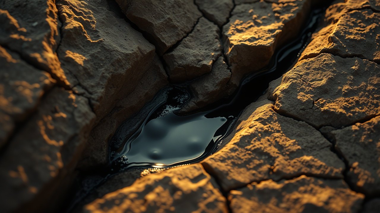 a seam of black bitumen seeping from cracked desert rock, pooling in a shallow groove, lit by late afternoon sun grazing the stone surface
