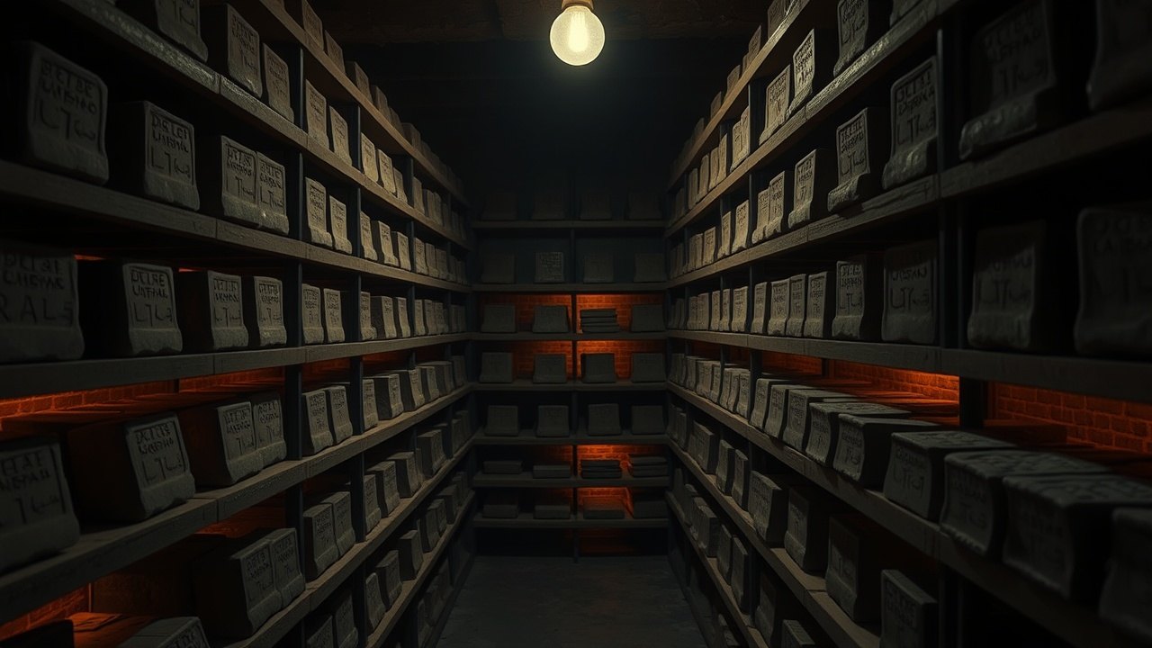 rows of identical clay tablets on wooden museum storage shelves in a dim archive basement, lit by a single overhead bulb casting amber pools between the shelves