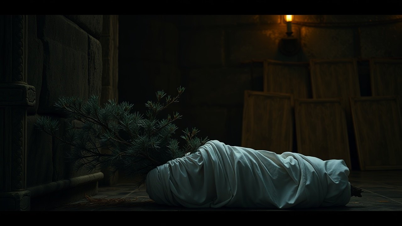 a freshly cut pine stripped of branches and wrapped in white linen like a corpse, leaning against a dark stone sanctuary wall in torchlight