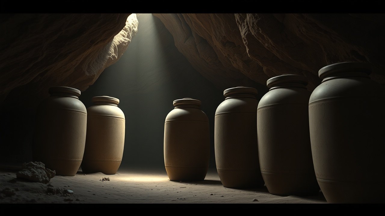 tall ceramic storage jars standing upright in a dim desert cave, sealed with clay stoppers, lit by a narrow shaft of pale light from a crack in the rock ceiling