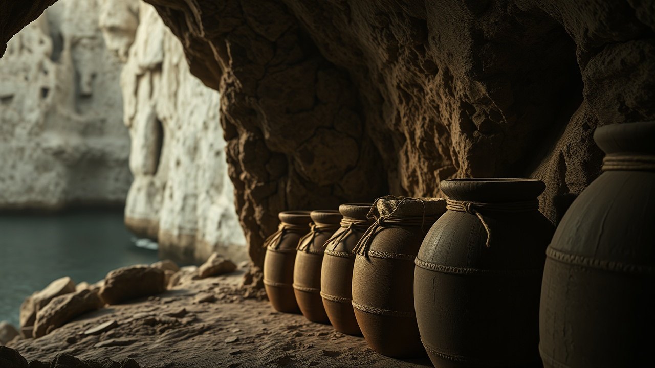 a row of ancient clay storage jars sealed with linen and cord, stacked in a shadowed cave recess cut into white limestone cliffs beside a dark sea