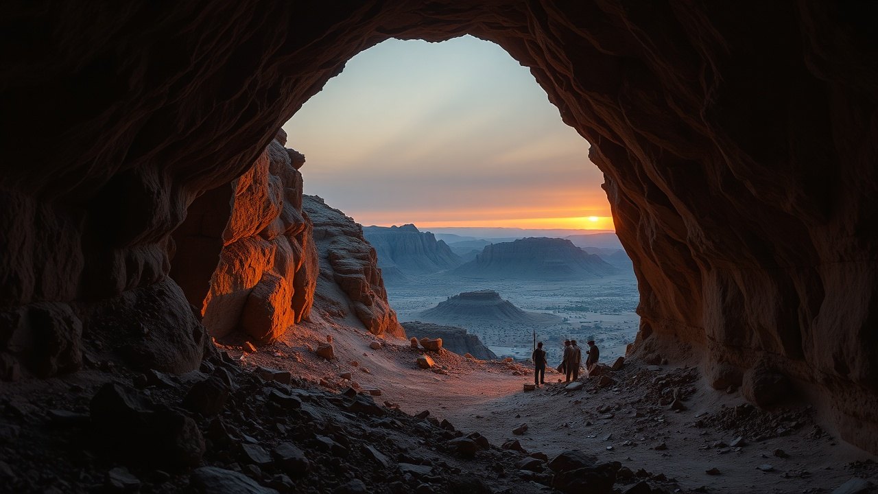 narrow limestone cave opening in the Judean desert cliff face at dusk, excavation debris scattered across the rocky ledge below, lit by the last cold orange light of sunset