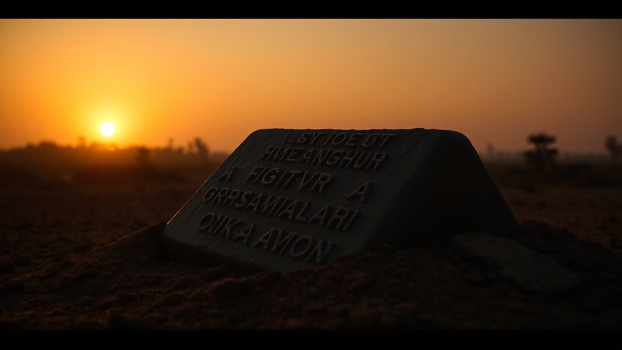 the Ashokan stone pillar at Lumbini half-buried in soil, carved surface worn smooth, lit by a low amber dusk from the western horizon