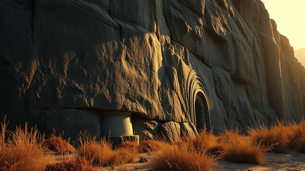 a weathered cliff face of dark stone with shallow relief carvings worn nearly smooth, lit by raking late-afternoon sun from the side, surrounded by dry scrubland