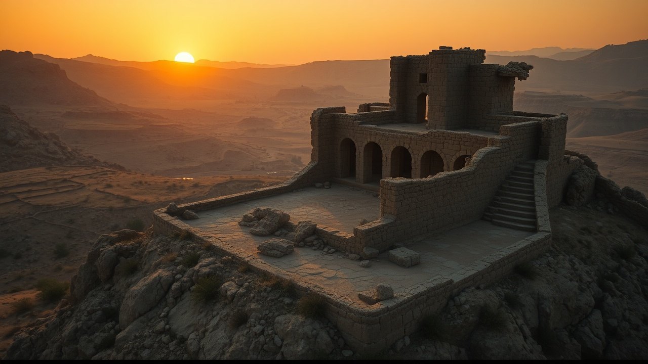 ancient Canaanite fortified city ruins on a rocky hilltop, eroded stone walls collapsing outward, lit by low orange sunset over the Judean hills