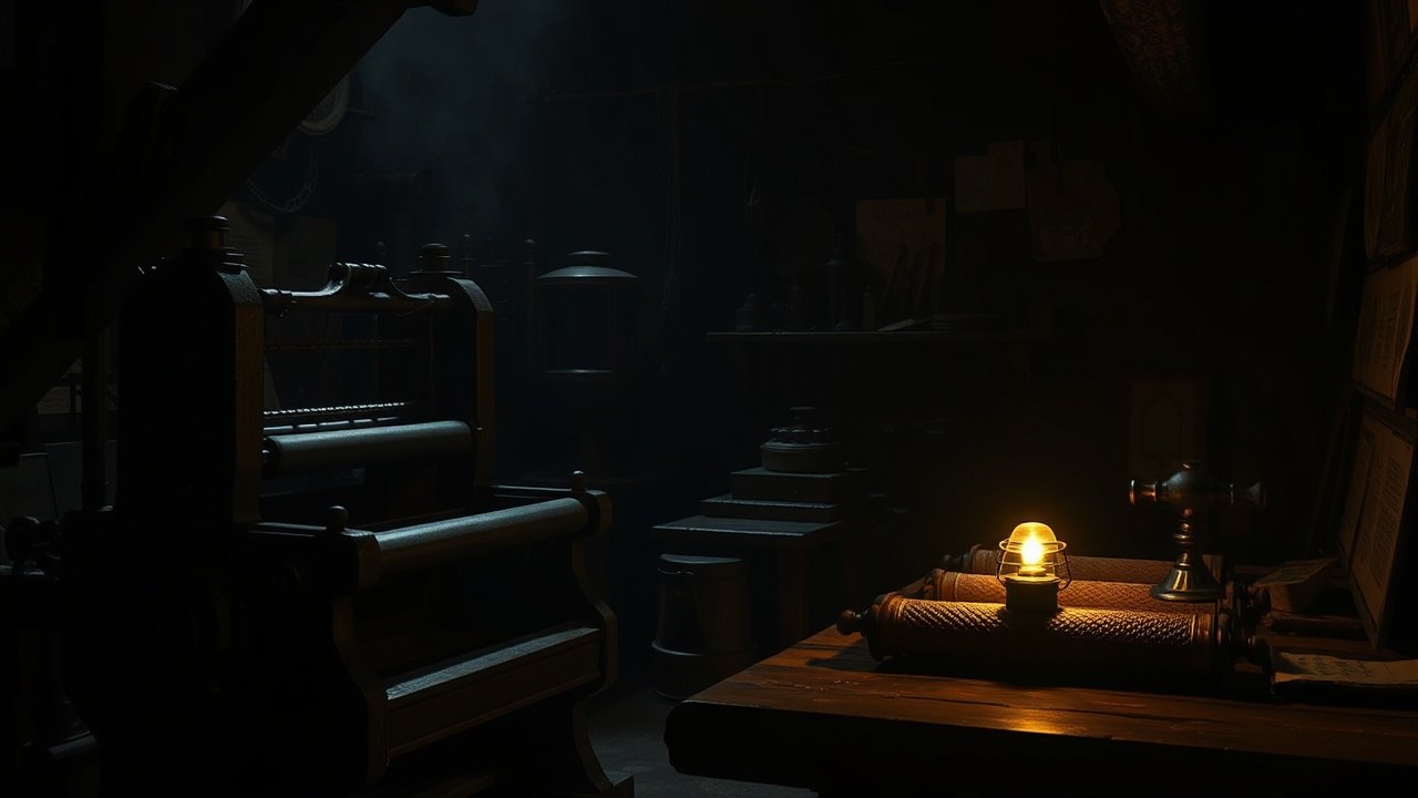 a 16th century printing workshop at night, heavy iron press and inked rollers in shadow, single oil lamp on the bench
