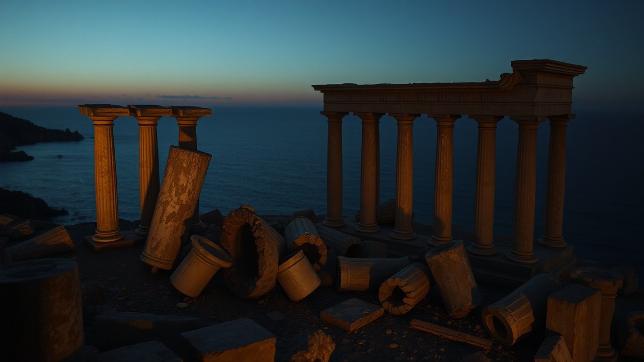 collapsed stone column drums and a crumbled Byzantine apse resting on a rocky coastal promontory at dusk, the sea visible through the ruins in the dim background
