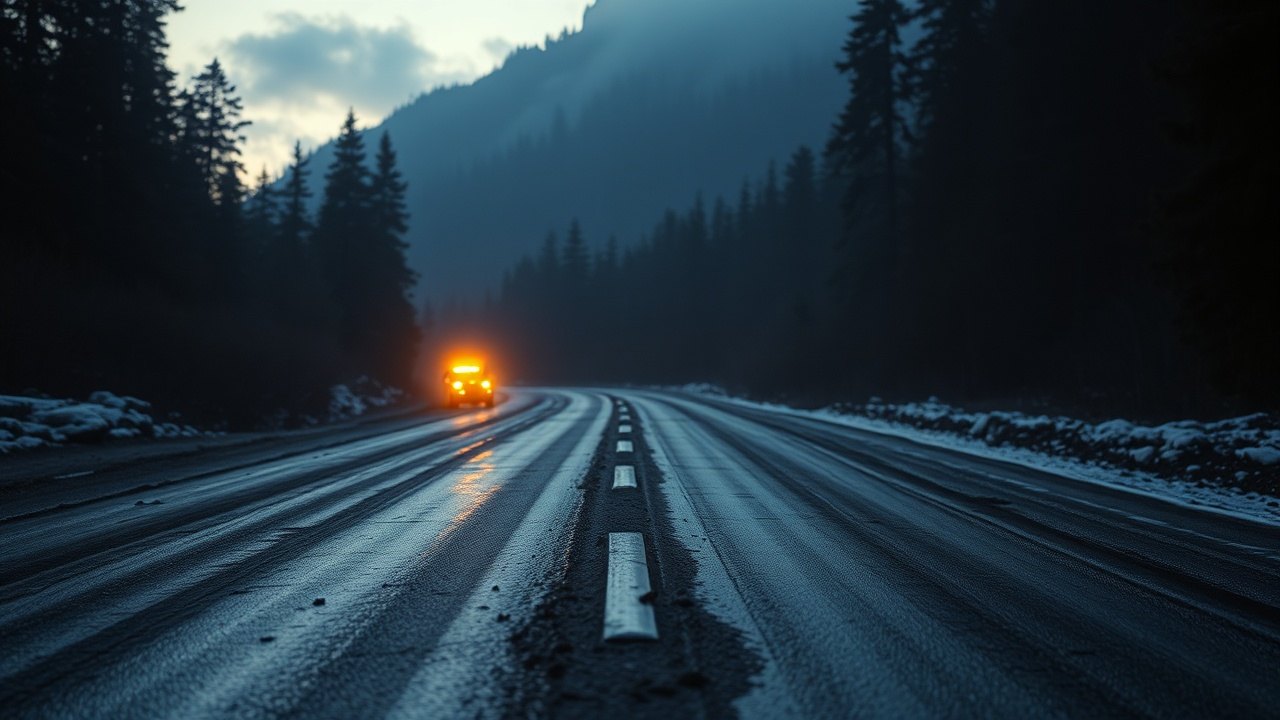 an empty mountain road in a pine forest at dawn, tyre tracks in frozen mud, amber emergency lights still casting a faint glow on asphalt
