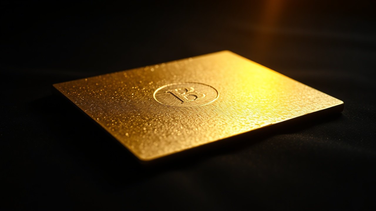 a thin hammered gold tablet resting on dark museum velvet, its surface barely reflective, lit by a narrow amber beam from one side