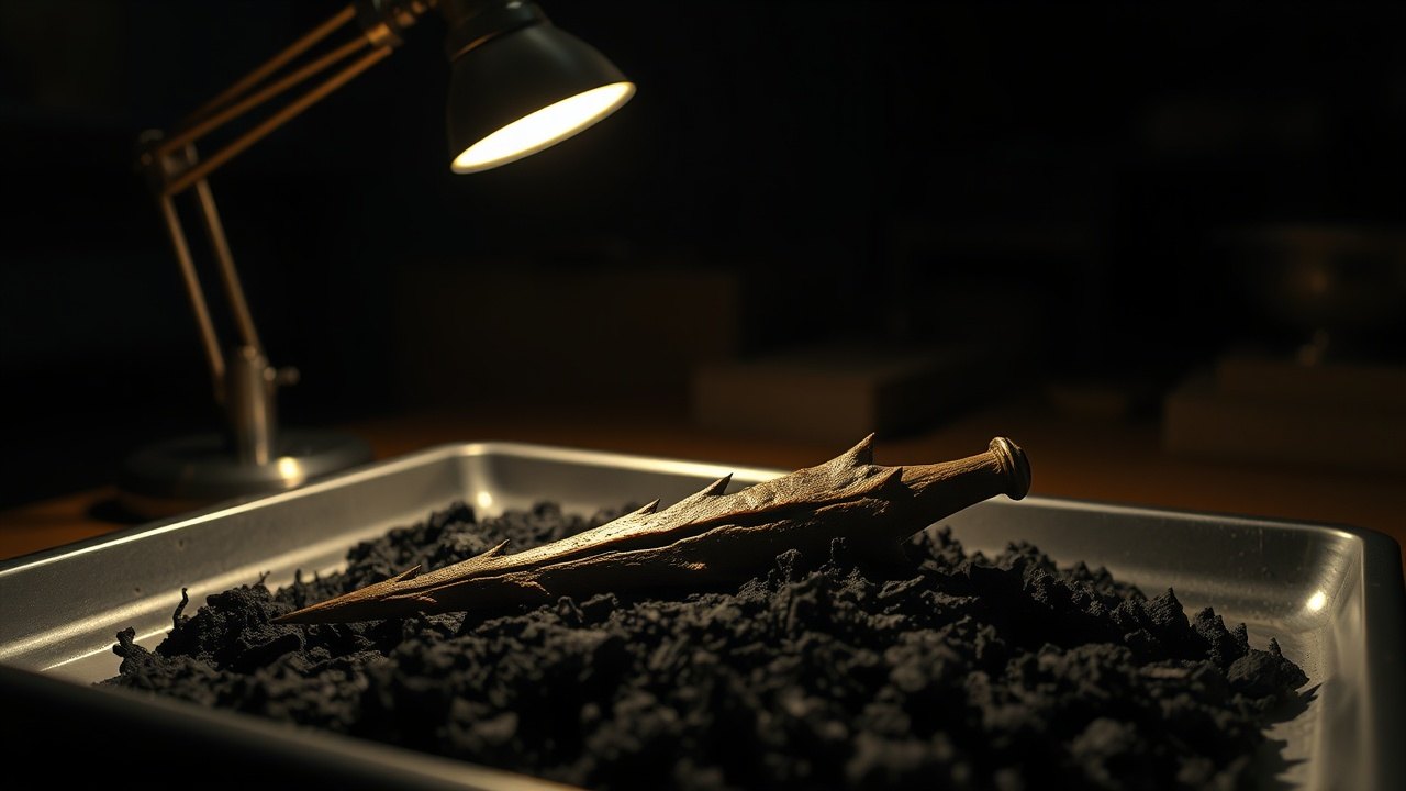 a barbed antler harpoon point resting in dried black peat on a museum examination tray, lit by a single angled desk lamp in an otherwise dark conservation room