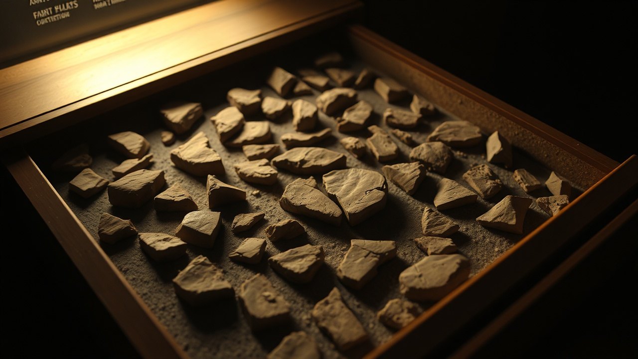 a shallow museum storage drawer pulled open in dim conservation lighting, rows of ancient clay fragments nested in archival foam, one shard cracked across the middle