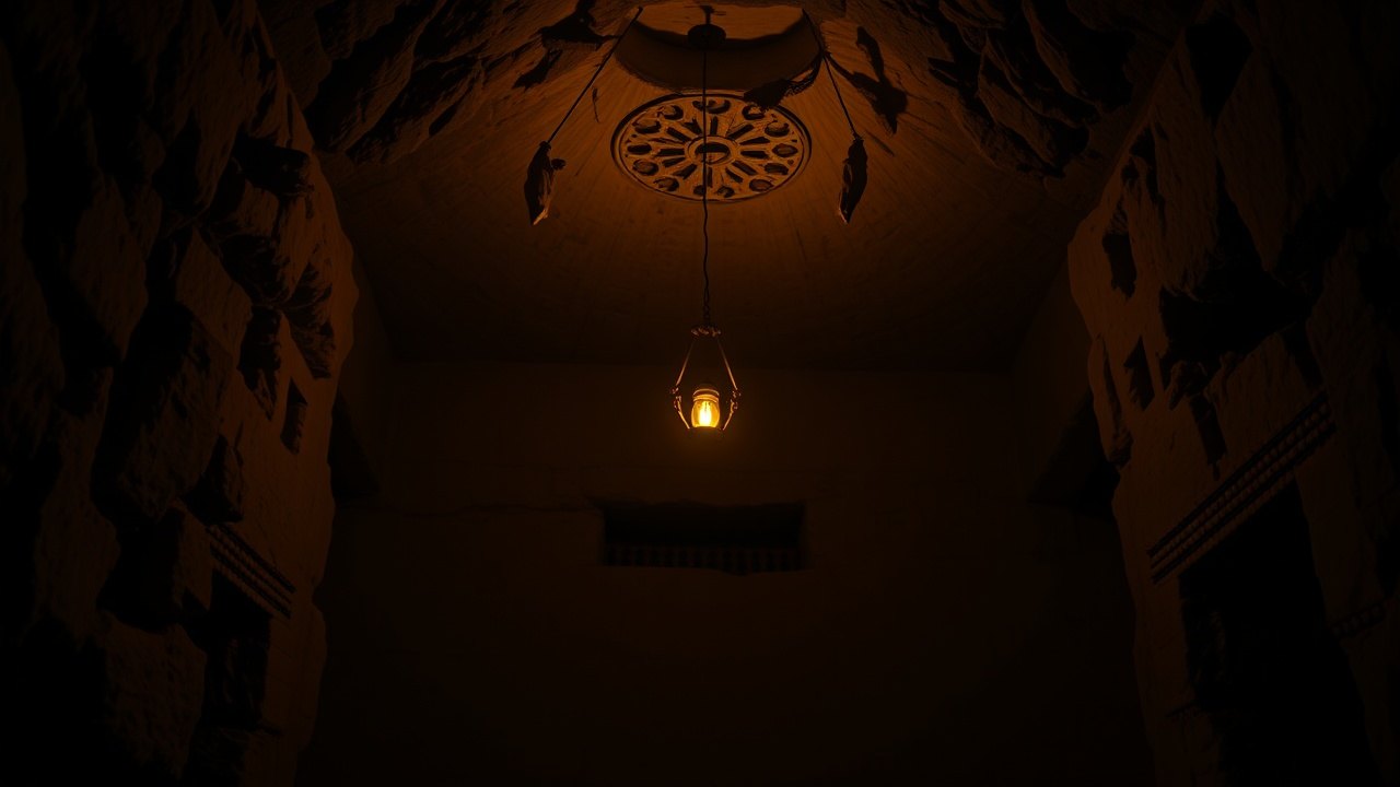 the interior of a rock-hewn church at Lalibela lit by a single hanging oil lamp, the carved tuff walls receding into darkness on all sides