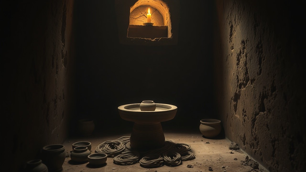 a clay potter's wheel abandoned in the corner of a dim temple workshop, dried clay coils at its base, candlelight from a niche above