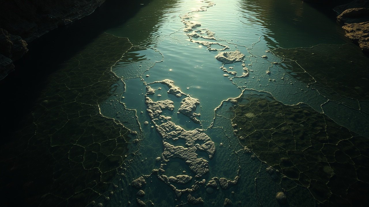 submerged ancient riverbeds visible through dark green shallow water, silt patterns tracing the ghost of a dry valley floor, lit by filtered surface light from above