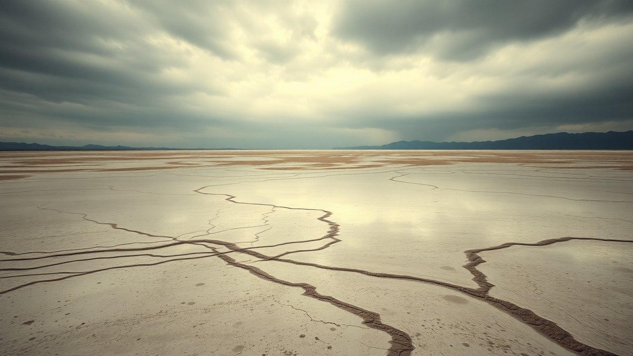 a broad shallow tidal flat at low tide, an ancient river delta exposed under grey overcast light, silt channels cutting across the pale mudflat toward the horizon