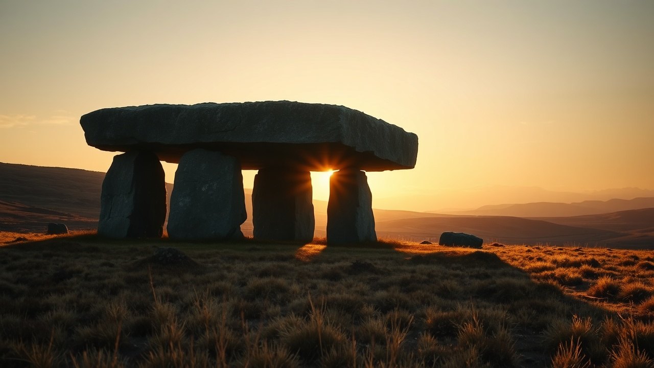 a massive megalithic dolmen tomb on a barren highland plateau at dusk, three upright stones supporting an enormous flat capstone, long shadow cutting across scrub grass