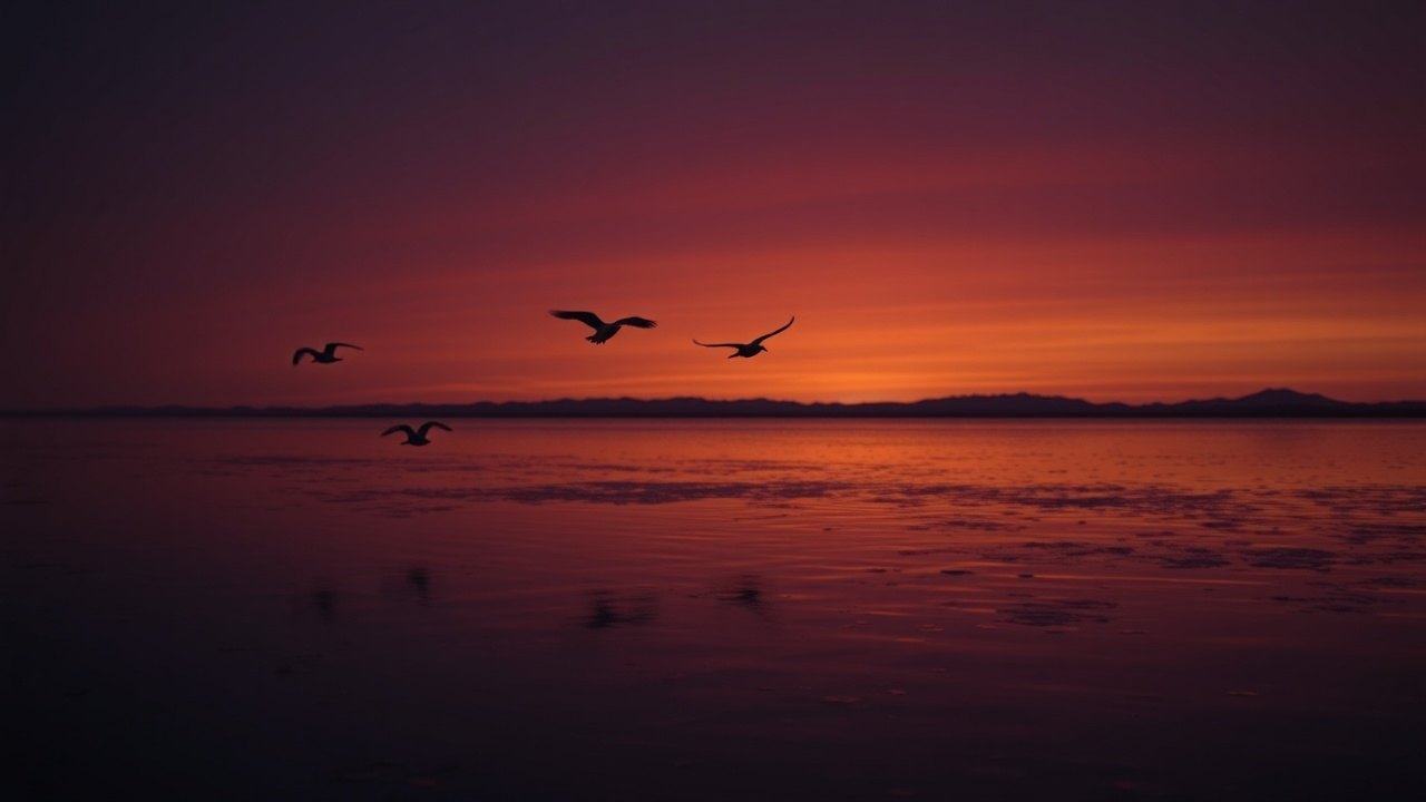 three birds circling low above a flat expanse of dark floodwater as the horizon turns deep violet at dusk