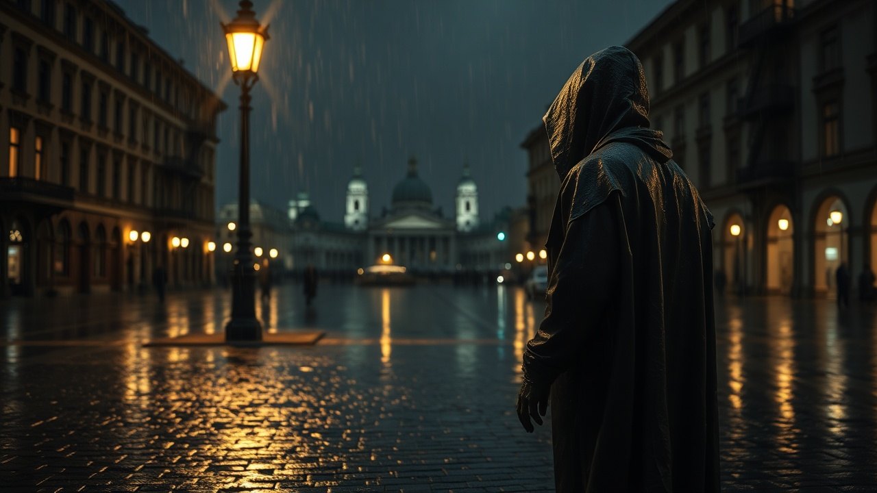 a dark bronze hooded figure standing on a rain-slicked cobblestone square at night, lit from below by a single lantern, the distant city skyline visible behind it