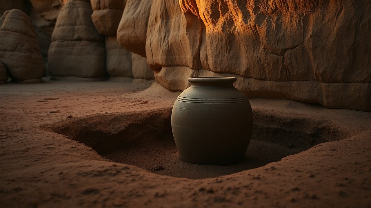 a large sealed clay jar resting in a shallow excavation trench at the base of a sandstone cliff, lit by low evening sun raking across the desert floor