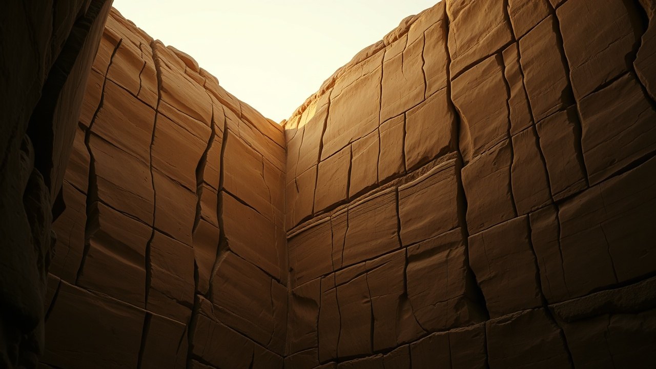 deep vertical fissures in the limestone walls of the Sphinx enclosure, rain-worn channels cutting down the rock face, lit by a raking side light at golden hour