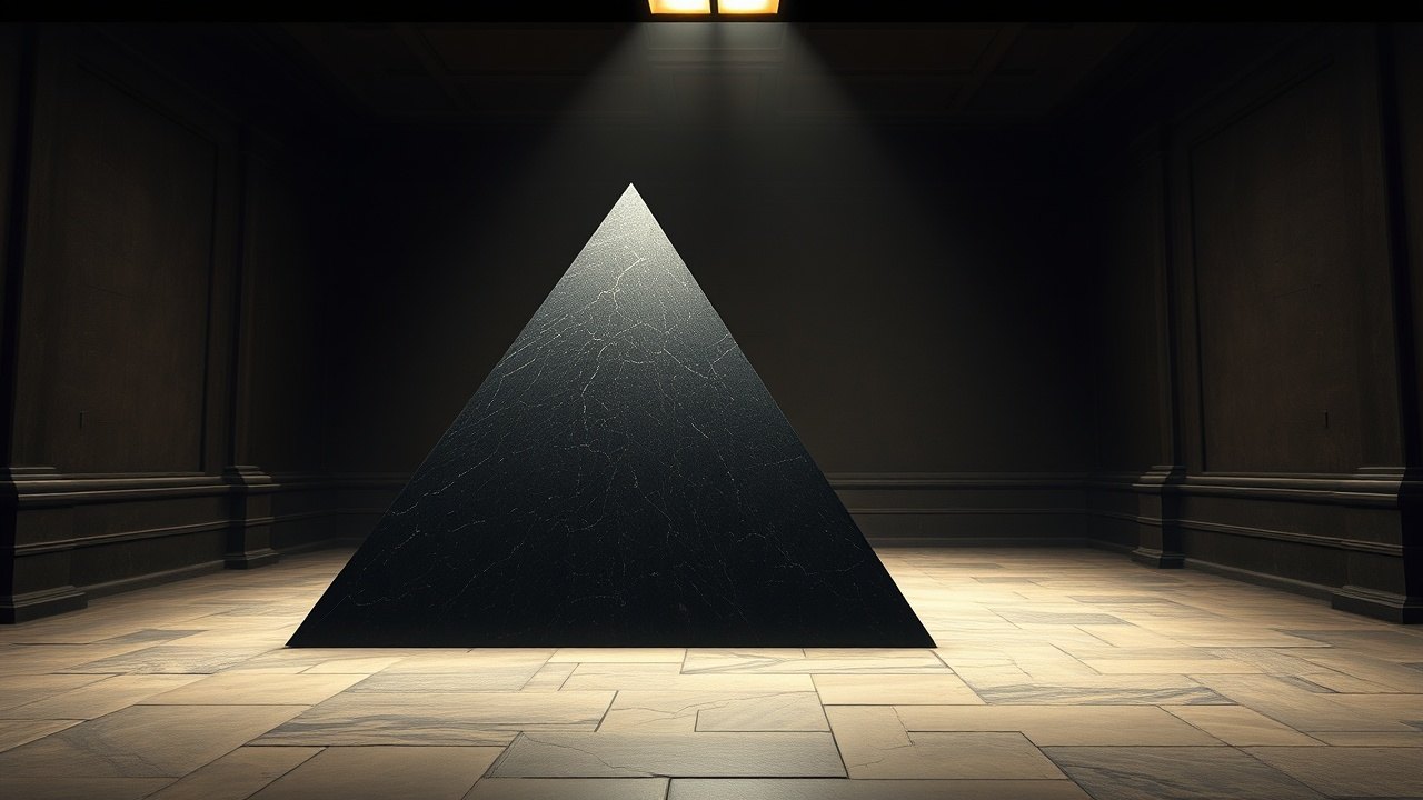 a polished black granite pyramidion standing alone on a stone floor in a dim museum gallery, a single overhead beam catching its smooth angled surface