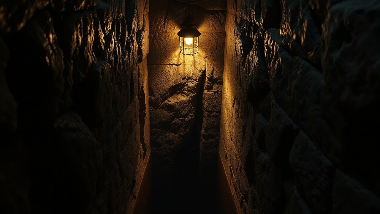 a vertical stone shaft descending thirty meters into bedrock, the bottom obscured by black standing water, lit by a single portable lamp casting amber reflections off wet limestone walls