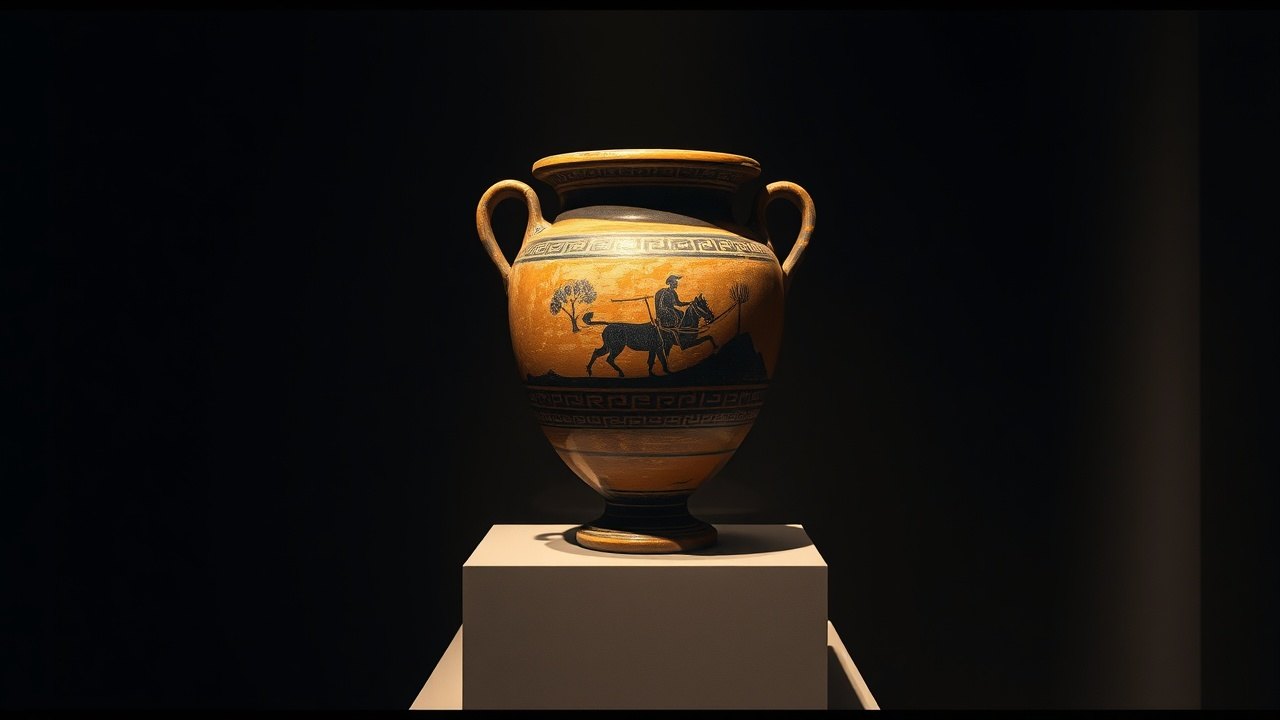 an ancient Greek red-figure pottery vessel displayed on a museum plinth, its painted surface showing a small chariot scene rising above a distant hillside, lit by focused gallery lighting against deep shadow
