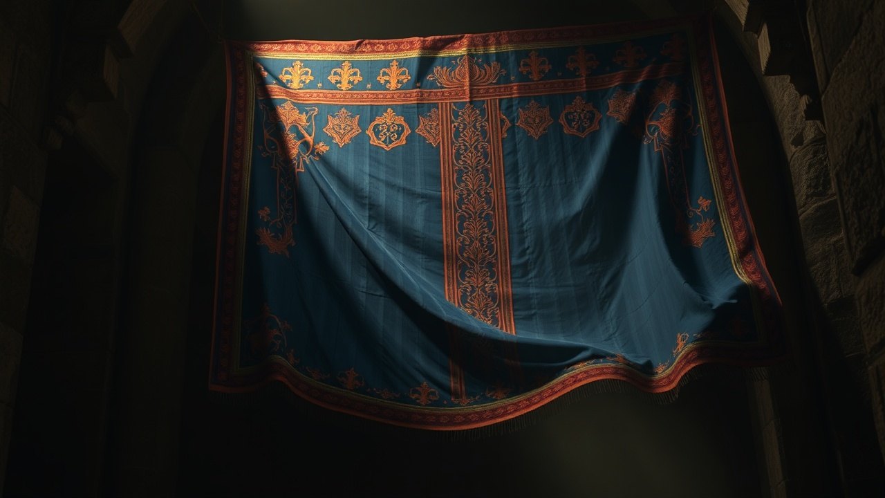 a heavy embroidered temple veil of deep blue and crimson linen hanging in a dim stone sanctuary, its folds stirred by moving air, a shaft of pale light falling across the fabric, no writing anywhere