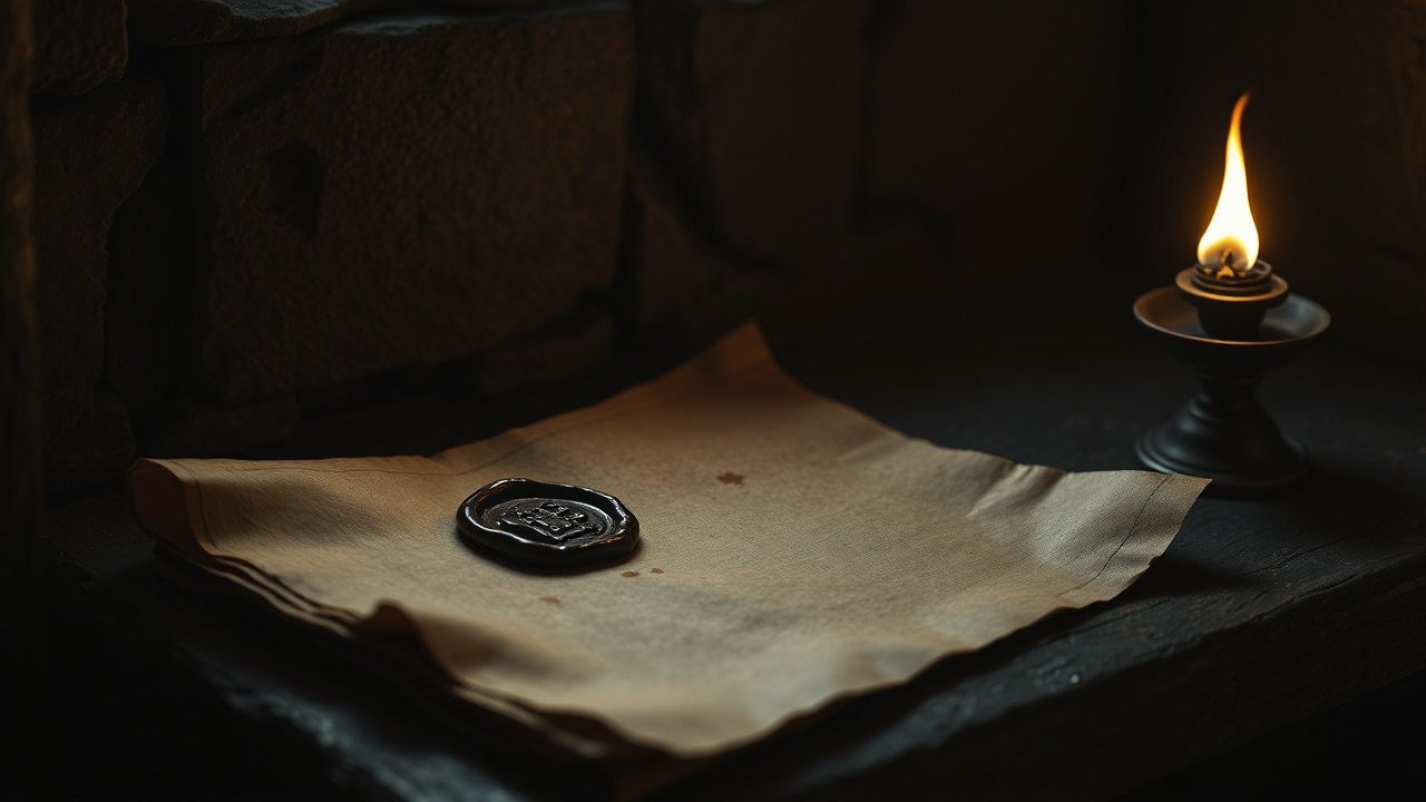 an aged wax seal on a folded vellum document resting on a stone monastery shelf, a single oil lamp burning nearby