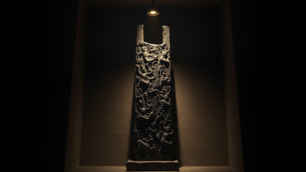 a carved basalt stela covered in dense relief figures standing in a dimly lit museum alcove, a single overhead light casting deep shadow across its surface