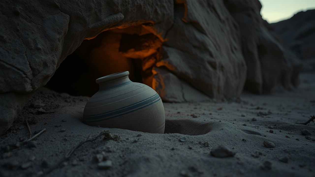 a sealed clay-stoppered earthenware jar half buried in pale desert soil at dusk, surrounded by dry rock, a dark hollow visible behind it in the cliff face