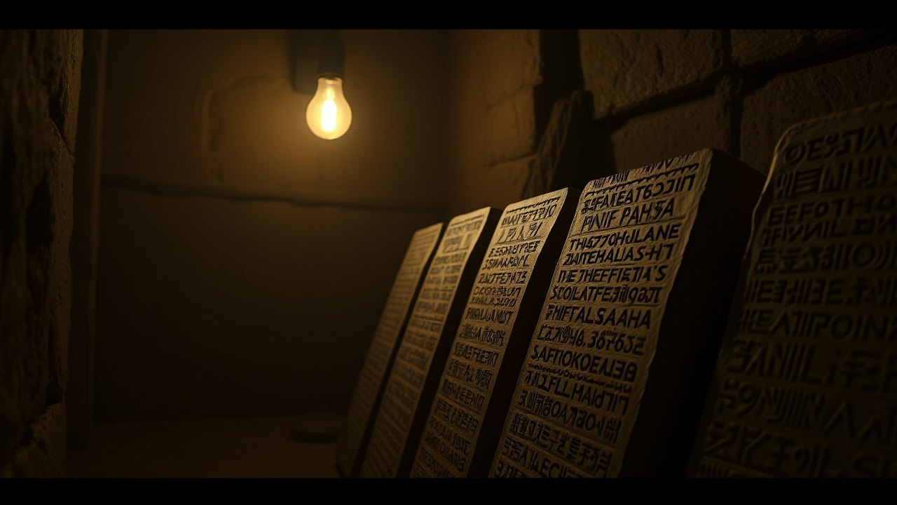 a row of ancient clay tablets stacked on edge in a dim excavation storage room at Nippur, each surface pressed with dense cuneiform, lit by a single bare bulb from the side