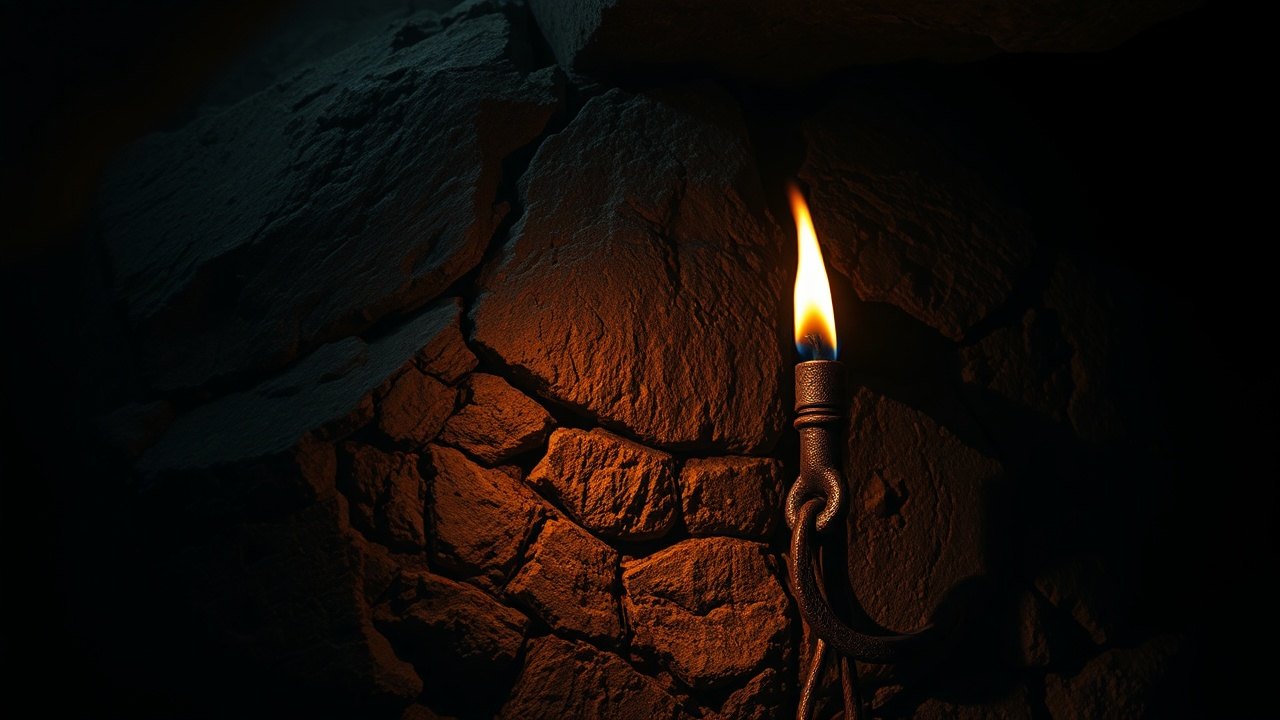 a rusted iron hook driven into a rough-hewn stone wall deep underground, one torch flame casting orange light across the shadowed rock