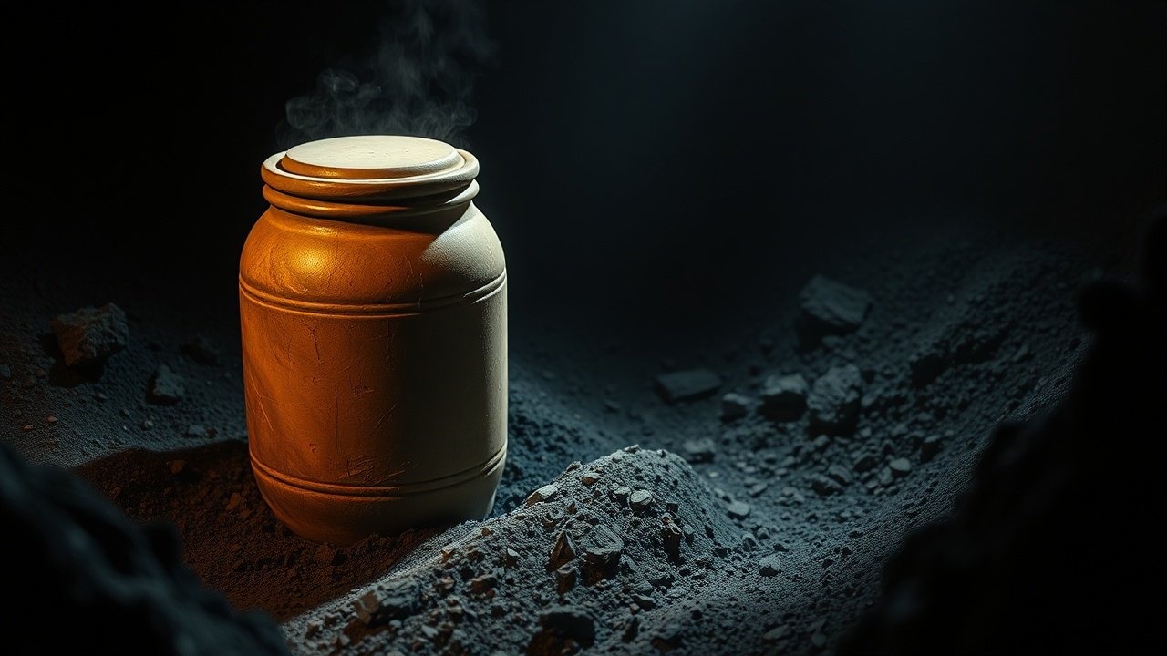 a half-excavated storage jar sealed with a clay stopper, upright in a dark ash-and-charcoal destruction layer, lit by a narrow beam of excavation lamp