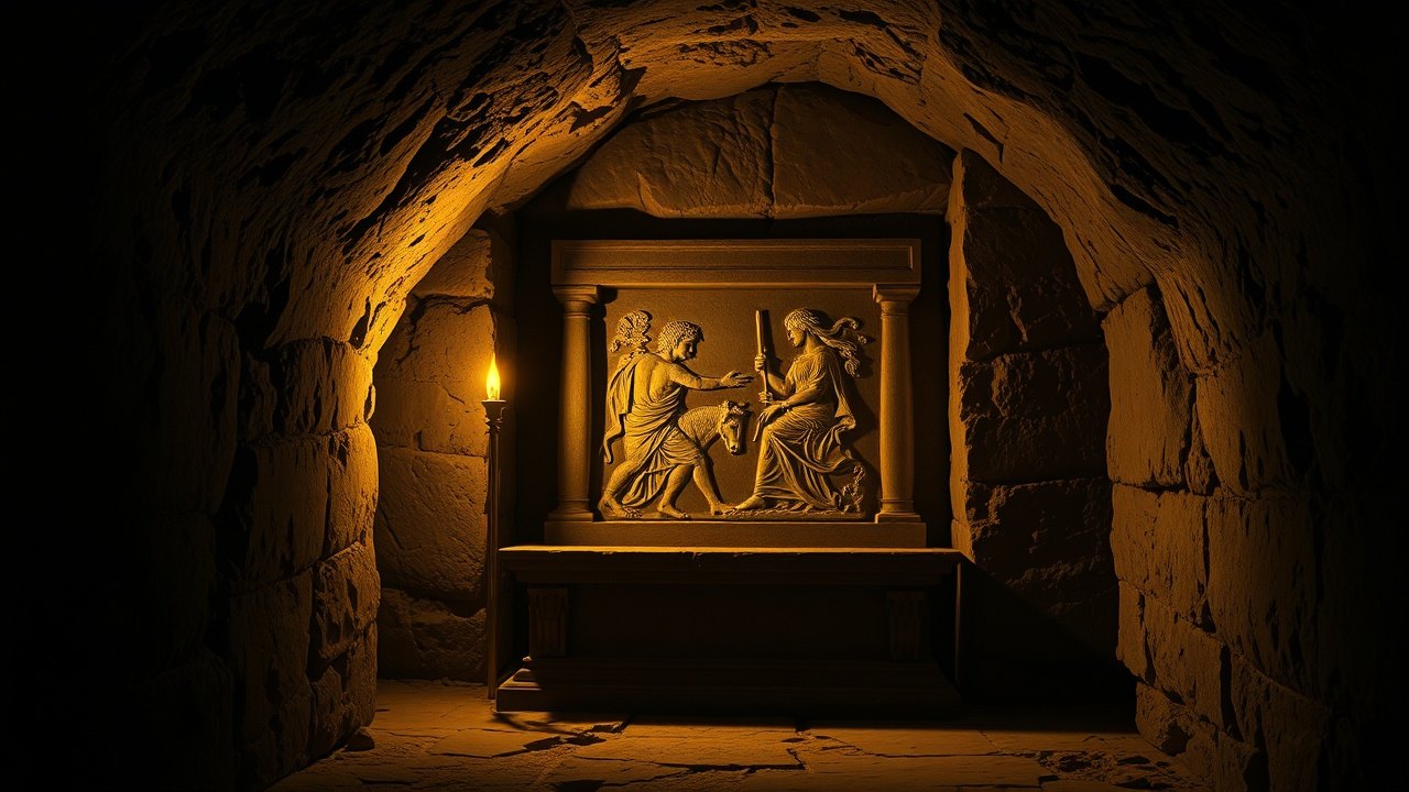 a carved stone Mithraeum altar deep underground, tauroctony relief barely visible in torchlight, rough-hewn tunnel walls pressing close