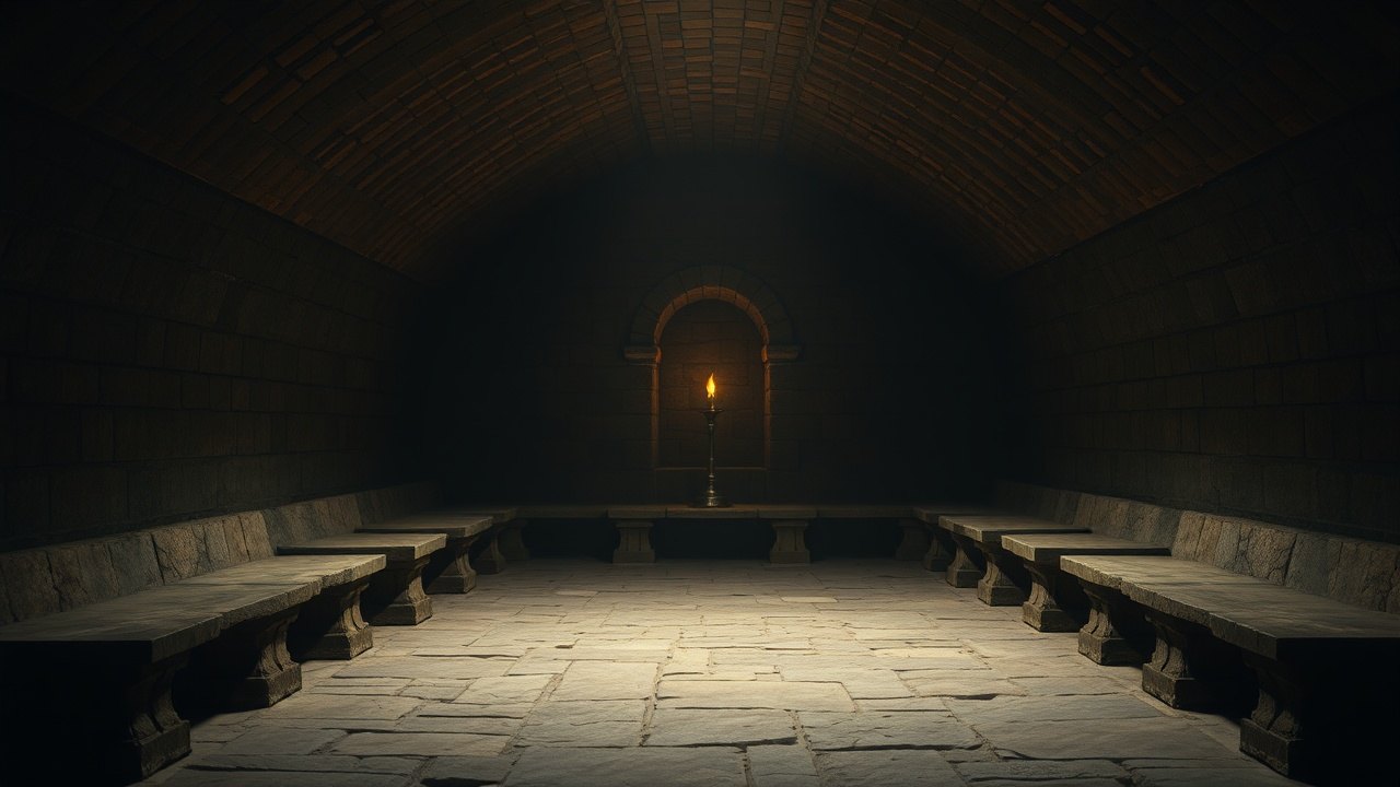 the low stone interior of an ancient underground chamber with arched brick ceiling, empty stone benches lining each wall, lit by a single torch set into a niche