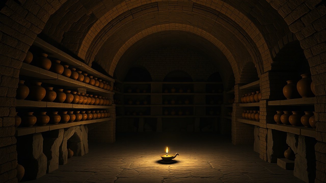 stone archive shelves in a vaulted underground chamber holding sealed clay vessels, a single oil lamp on the floor casting long shadows up the walls