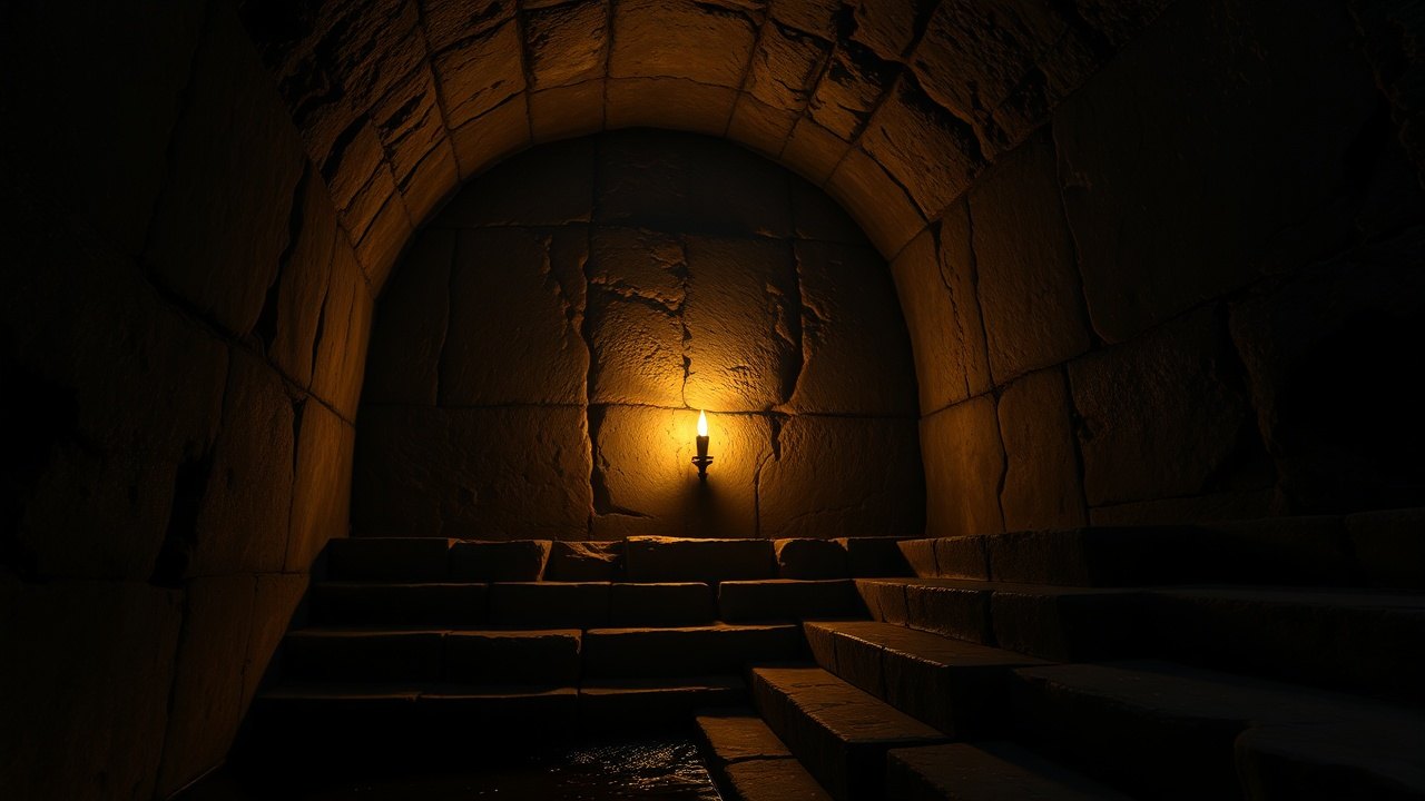 the vaulted interior of the Mithraeum beneath San Clemente in Rome, water seeping through ancient stone, a single oil lamp illuminating worn basalt steps