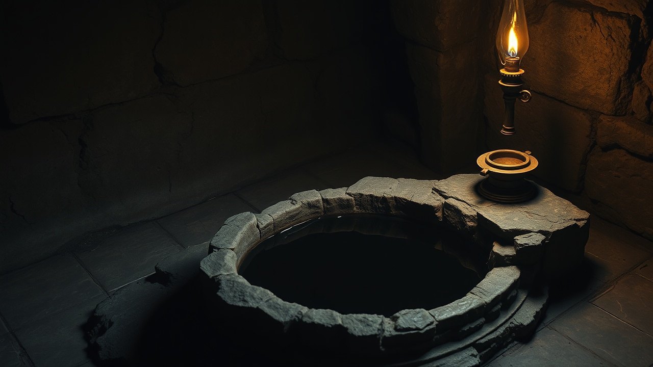 a rough stone basin carved into the bedrock floor of a dim underground chamber, still holding a thin film of dark water, lit by a guttering oil lamp on the stone rim