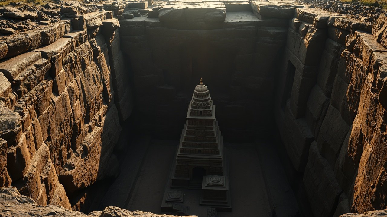 the upper courtyard of Kailasa Temple viewed from the rim of the excavation, sheer basalt cliff walls dropping straight down on three sides, the carved shikhara tower below rising toward the camera in late afternoon shadow