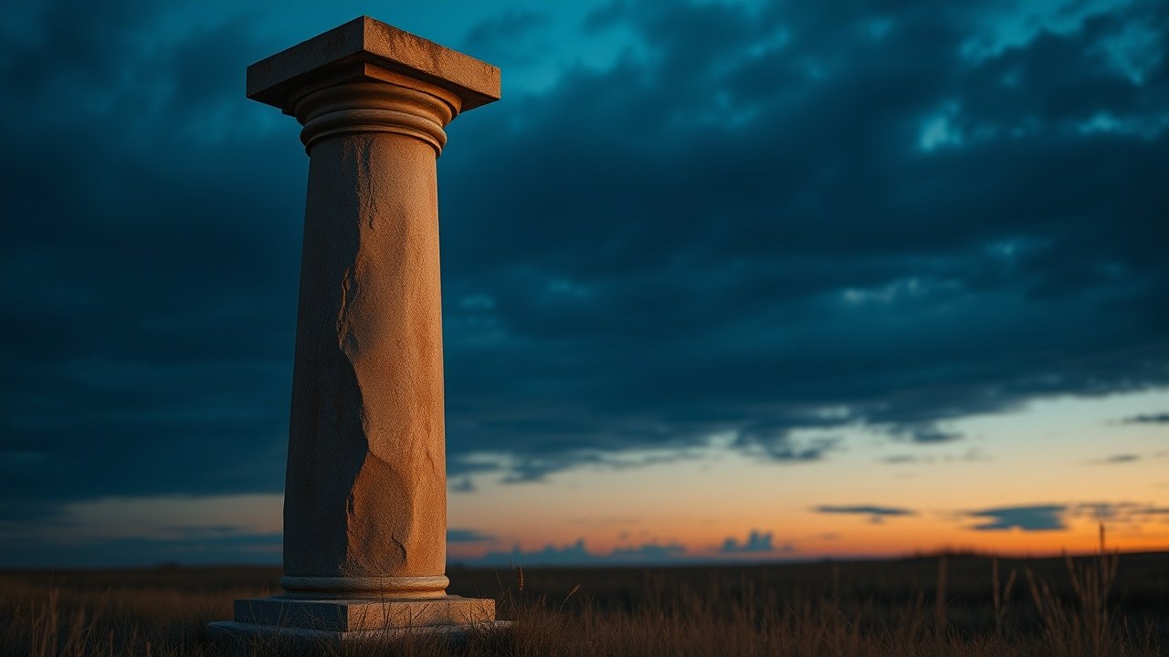 a weathered sandstone pillar standing alone in an open field at dusk, its surface worn smooth by centuries, faint relief carving barely visible near the capital