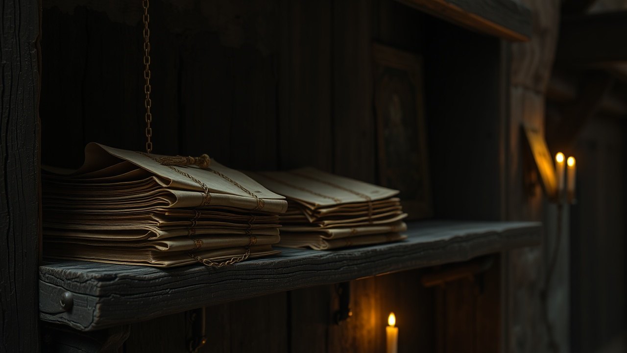 a weathered wooden shelf in a dim monastery scriptorium holding a stack of thick vellum codices chained to the wall, candlelight catching gilt edges