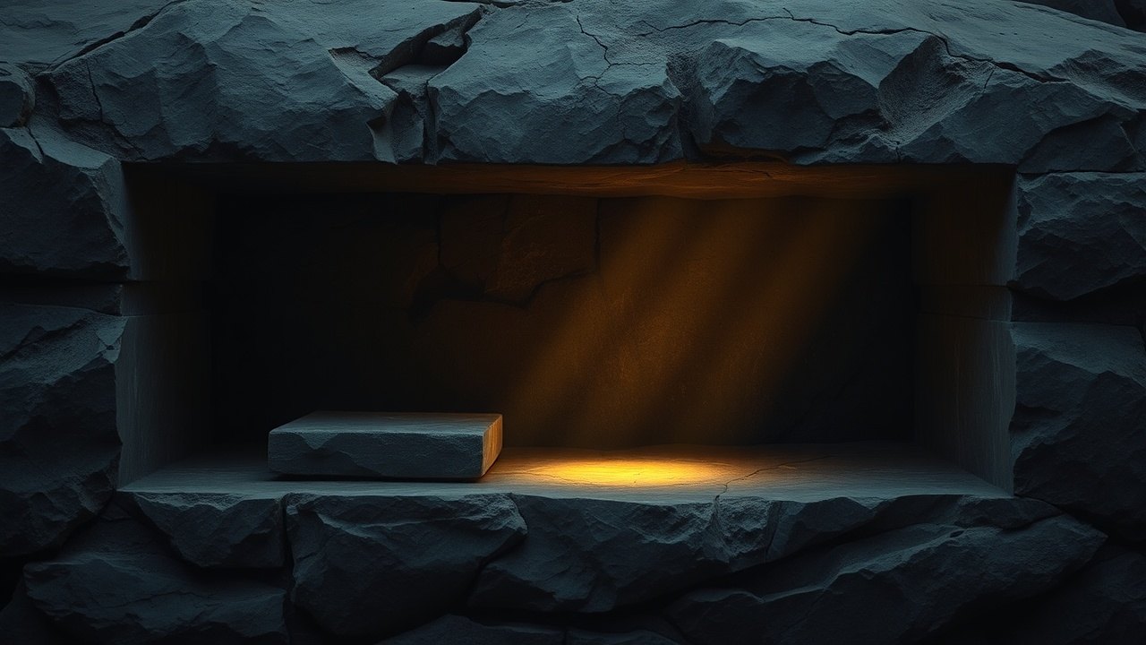 a shallow empty stone tomb shelf cut into rock, the sealing stone rolled aside, dawn light falling across the bare ledge